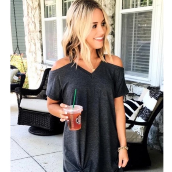 Amaryllis Teal Off Shoulder Mini T Shirt Dress - Picture 2 of 6